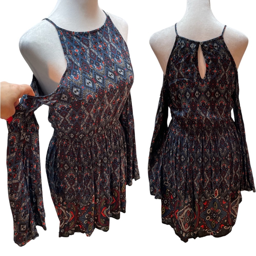Abercrombie & Fitch Blue, Black, Red, White Aztec Print Long Flare Sleeve Dress